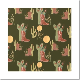 Full Moon Southwest Cowboy Boots Cactus Pattern Posters and Art